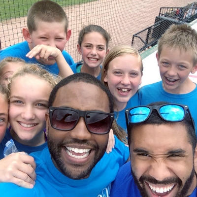 Campers and staff take a selfie at CarShield Field