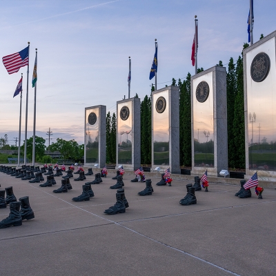 The five marble monoliths represent each of the branches of the U.S. Armed Forces.