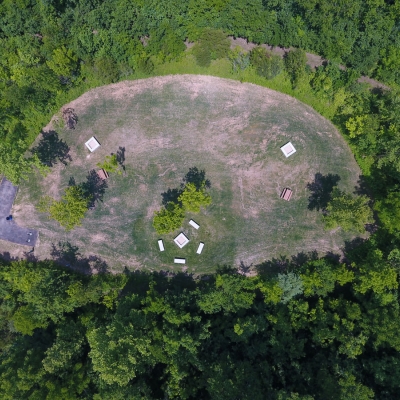 An aerial photo of the O'Day Park campsites